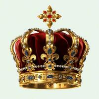 Regal golden emperor crown of a king on white background. 3D rendering luxury royal king gold crown concept by AI Generated photo