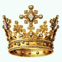 Regal golden emperor crown of a king on white background. 3D rendering luxury royal king gold crown concept by AI Generated photo