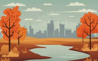 otoño paisaje, ciudad silueta. lago, vibrante campos, naranja arboles y nubes en otoño cielo, Perfecto para pancartas y carteles celebrando el cosecha temporada no ai vector