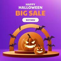 Happy Halloween purple sale banner with 3d vector illustration. A spooky stage podium design featuring carving pumpkins, bats, sets the perfect backdrop for your holiday promotions. Not AI generated.