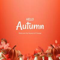 Banner Hello Autumn. Featuring realistic illustrations of leaves, pumpkins, mushrooms, acorns, chestnut, it's perfect for creating a warm and seasonal atmosphere. Not AI generated. vector