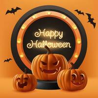 Happy Halloween product presentation 3D vector illustration. Featuring a spooky stage with pumpkins, bats, and lanterns, it's ideal for holiday promotions and sales. Not AI