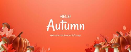 Banner Hello Autumn. Featuring realistic illustrations of leaves, pumpkins, mushrooms, acorns, chestnut, it's perfect for creating a warm and seasonal atmosphere. Not AI generated. vector