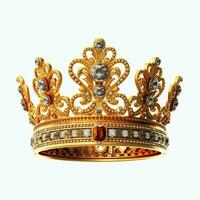 Regal golden emperor crown of a king on white background. 3D rendering luxury royal king gold crown concept by AI Generated photo