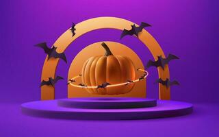 Happy Halloween purple sale banner with 3d vector illustration. A spooky stage podium design featuring carving pumpkins, bats, sets the perfect backdrop for your holiday promotions. Not AI generated.