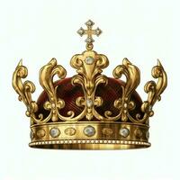 Regal golden emperor crown of a king on white background. 3D rendering luxury royal king gold crown concept by AI Generated photo