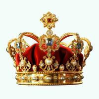 real dorado emperador corona de un Rey en blanco antecedentes. 3d representación lujo real Rey oro corona concepto por ai generado foto