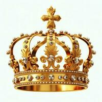 Regal golden emperor crown of a king on white background. 3D rendering luxury royal king gold crown concept by AI Generated photo