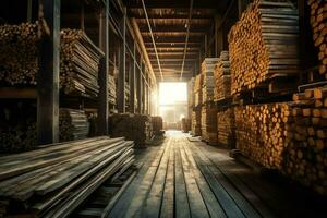 Wooden plank or board in the lumber mill industry. Stack of logs and wood in the sawmill production concept by AI Generated photo