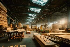 de madera tablón o tablero en el Tablas de madera molino industria. apilar de registros y madera en el aserradero producción concepto por ai generado foto