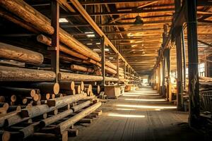 Wooden plank or board in the lumber mill industry. Stack of logs and wood in the sawmill production concept by AI Generated photo