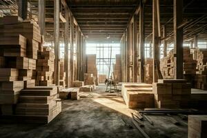 Wooden plank or board in the lumber mill industry. Stack of logs and wood in the sawmill production concept by AI Generated photo