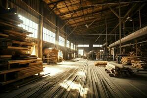 de madera tablón o tablero en el Tablas de madera molino industria. apilar de registros y madera en el aserradero producción concepto por ai generado foto