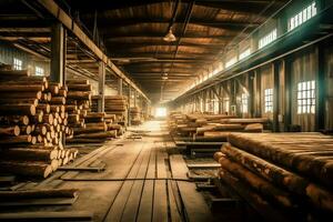 Wooden plank or board in the lumber mill industry. Stack of logs and wood in the sawmill production concept by AI Generated photo