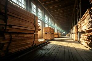 Wooden plank or board in the lumber mill industry. Stack of logs and wood in the sawmill production concept by AI Generated photo