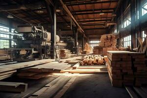 Wooden plank or board in the lumber mill industry. Stack of logs and wood in the sawmill production concept by AI Generated photo