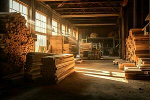 de madera tablón o tablero en el Tablas de madera molino industria. apilar de registros y madera en el aserradero producción concepto por ai generado foto