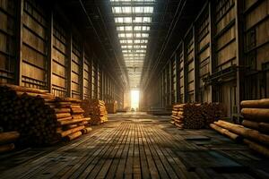 Wooden plank or board in the lumber mill industry. Stack of logs and wood in the sawmill production concept by AI Generated photo