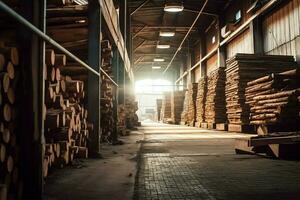 Wooden plank or board in the lumber mill industry. Stack of logs and wood in the sawmill production concept by AI Generated photo