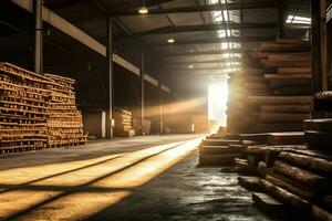 de madera tablón o tablero en el Tablas de madera molino industria. apilar de registros y madera en el aserradero producción concepto por ai generado foto