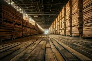 Wooden plank or board in the lumber mill industry. Stack of logs and wood in the sawmill production concept by AI Generated photo