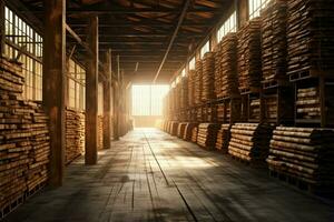 Wooden plank or board in the lumber mill industry. Stack of logs and wood in the sawmill production concept by AI Generated photo