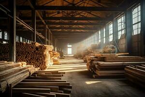 Wooden plank or board in the lumber mill industry. Stack of logs and wood in the sawmill production concept by AI Generated photo