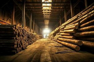 Wooden plank or board in the lumber mill industry. Stack of logs and wood in the sawmill production concept by AI Generated photo