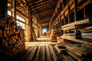 Wooden plank or board in the lumber mill industry. Stack of logs and wood in the sawmill production concept by AI Generated photo