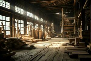 Wooden plank or board in the lumber mill industry. Stack of logs and wood in the sawmill production concept by AI Generated photo