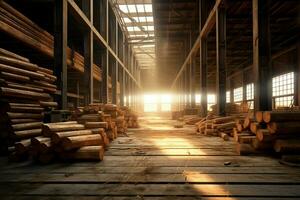 Wooden plank or board in the lumber mill industry. Stack of logs and wood in the sawmill production concept by AI Generated photo