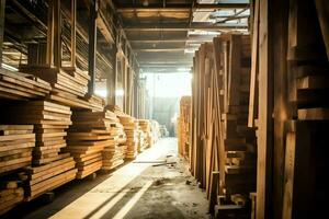 Wooden plank or board in the lumber mill industry. Stack of logs and wood in the sawmill production concept by AI Generated photo