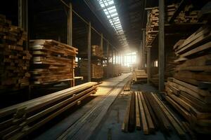 Wooden plank or board in the lumber mill industry. Stack of logs and wood in the sawmill production concept by AI Generated photo