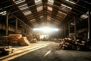 Wooden plank or board in the lumber mill industry. Stack of logs and wood in the sawmill production concept by AI Generated photo