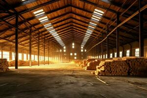 de madera tablón o tablero en el Tablas de madera molino industria. apilar de registros y madera en el aserradero producción concepto por ai generado foto