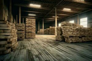 Wooden plank or board in the lumber mill industry. Stack of logs and wood in the sawmill production concept by AI Generated photo