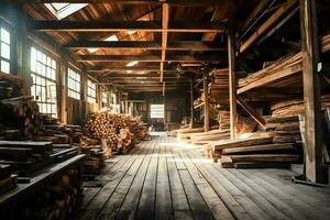 Wooden plank or board in the lumber mill industry. Stack of logs and wood in the sawmill production concept by AI Generated photo