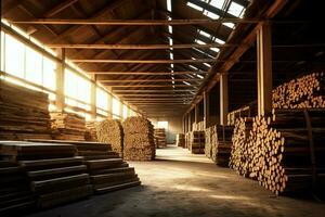 Wooden plank or board in the lumber mill industry. Stack of logs and wood in the sawmill production concept by AI Generated photo