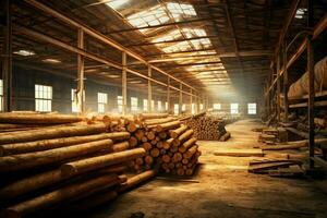 de madera tablón o tablero en el Tablas de madera molino industria. apilar de registros y madera en el aserradero producción concepto por ai generado foto