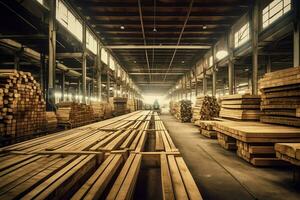 Wooden plank or board in the lumber mill industry. Stack of logs and wood in the sawmill production concept by AI Generated photo