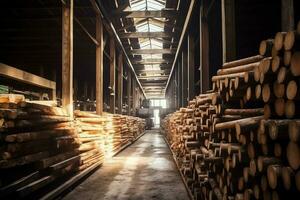 Wooden plank or board in the lumber mill industry. Stack of logs and wood in the sawmill production concept by AI Generated photo