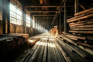 Wooden plank or board in the lumber mill industry. Stack of logs and wood in the sawmill production concept by AI Generated photo