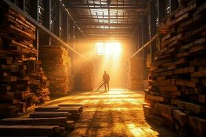 Wooden plank or board in the lumber mill industry. Stack of logs and wood in the sawmill production concept by AI Generated photo