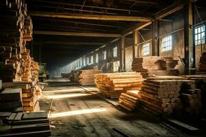 de madera tablón o tablero en el Tablas de madera molino industria. apilar de registros y madera en el aserradero producción concepto por ai generado foto