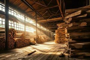 Wooden plank or board in the lumber mill industry. Stack of logs and wood in the sawmill production concept by AI Generated photo