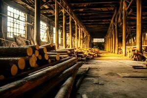 Wooden plank or board in the lumber mill industry. Stack of logs and wood in the sawmill production concept by AI Generated photo