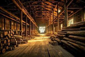 de madera tablón o tablero en el Tablas de madera molino industria. apilar de registros y madera en el aserradero producción concepto por ai generado foto