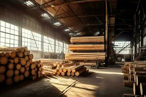 de madera tablón o tablero en el Tablas de madera molino industria. apilar de registros y madera en el aserradero producción concepto por ai generado foto