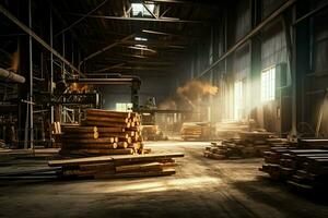 Wooden plank or board in the lumber mill industry. Stack of logs and wood in the sawmill production concept by AI Generated photo