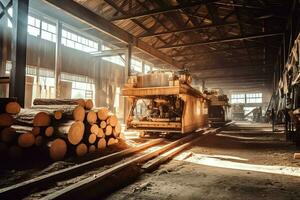 Wooden plank or board in the lumber mill industry. Stack of logs and wood in the sawmill production concept by AI Generated photo